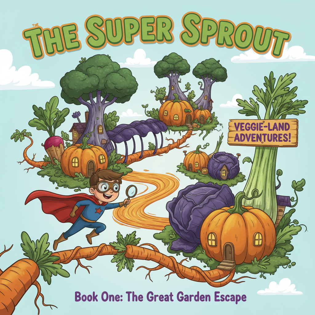 Whimsical illustrated book cover showing a tiny village made entirely of giant vegetables with a superhero boy exploring it