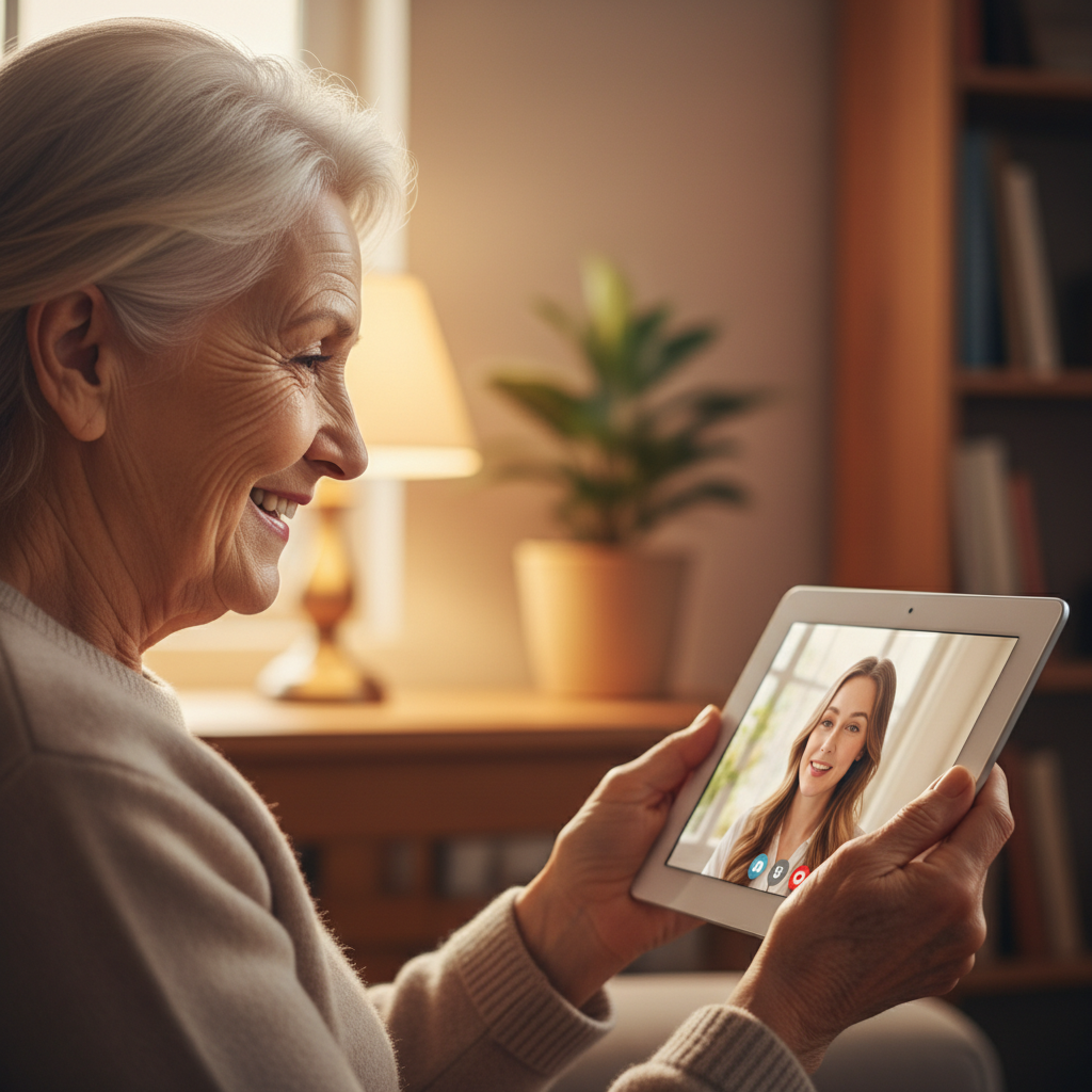 Senior woman smiling while looking at a tablet screen during a video call lesson, warm indoor lighting