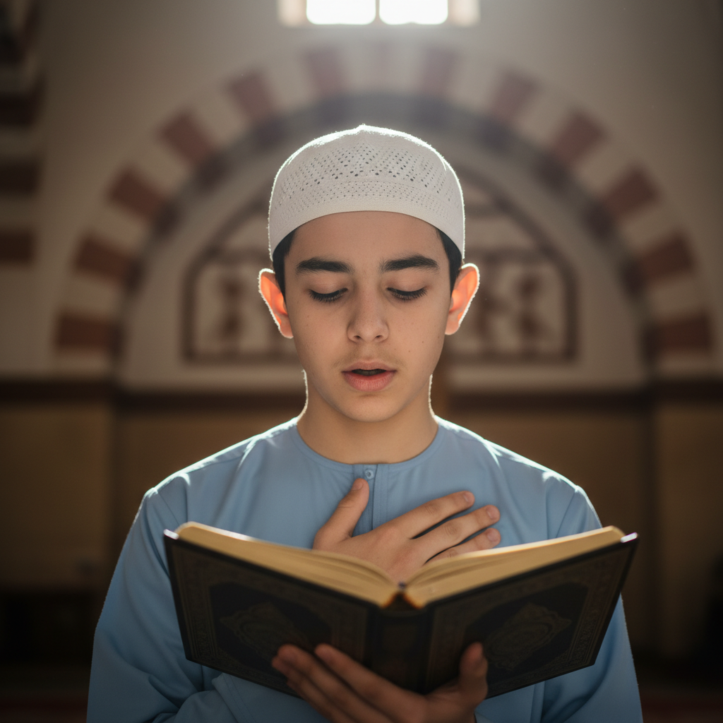 Teen boy in kufi leading Quran recitation at community event