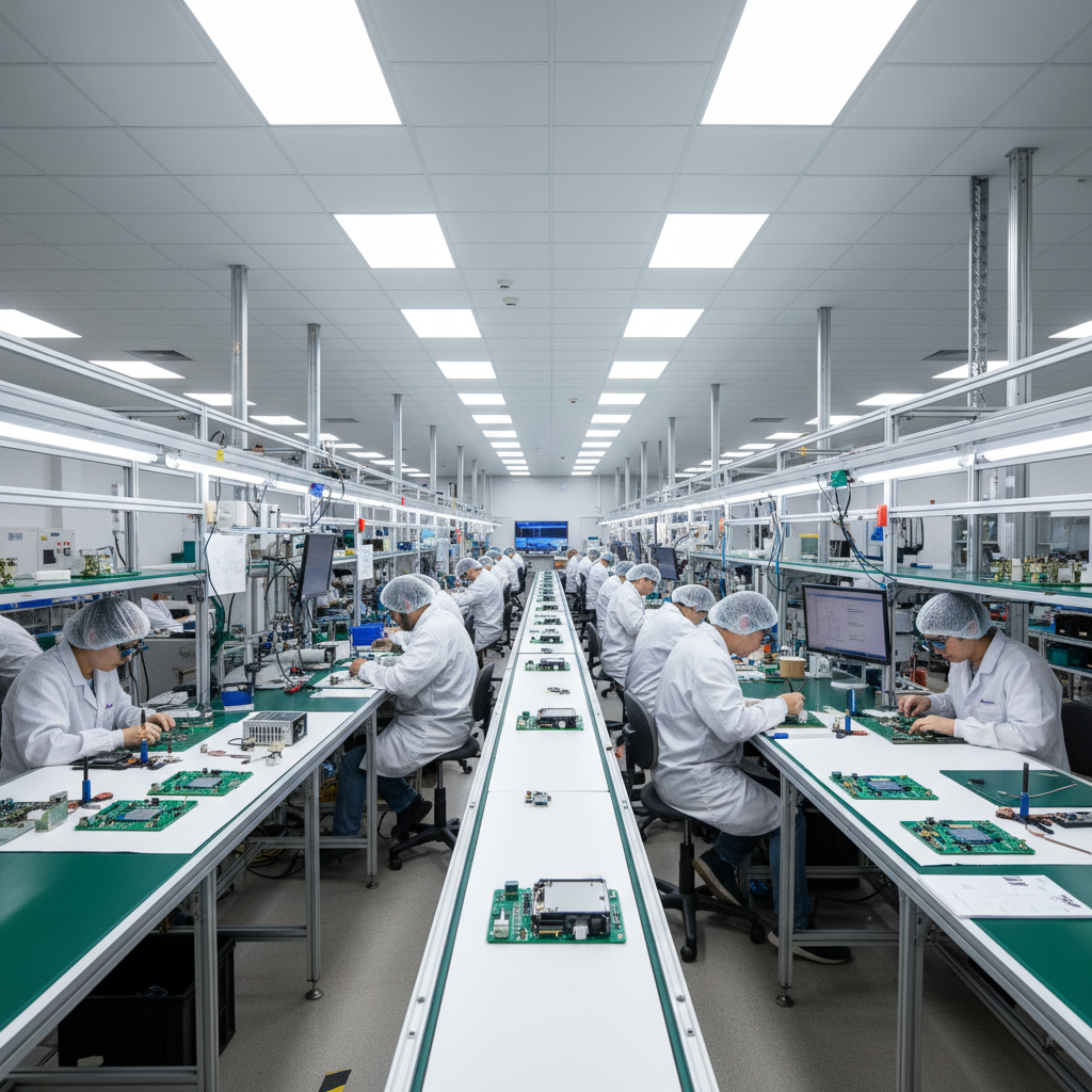 White clean room environment with technicians in protective suits assembling emission control system components