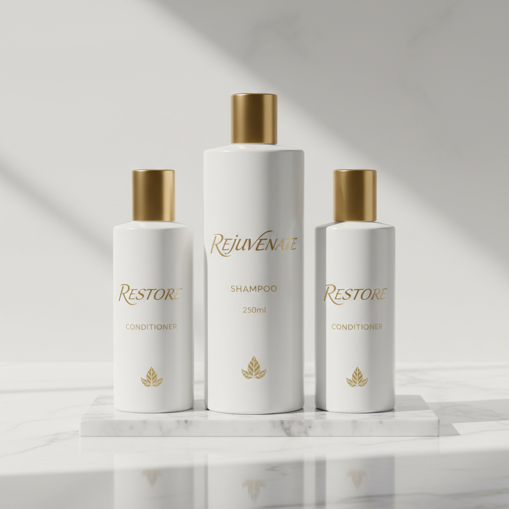 Elegant white product packaging boxes with gold foil embossing arranged on marble surface, premium retail packaging display