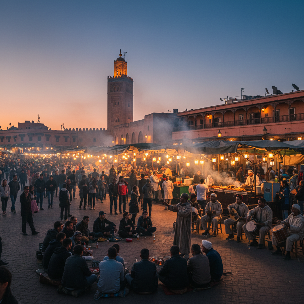 Plaza Jemaa el-Fna al atardecer en Marrakech con vendedores, humo de puestos de comida, minarete al fondo