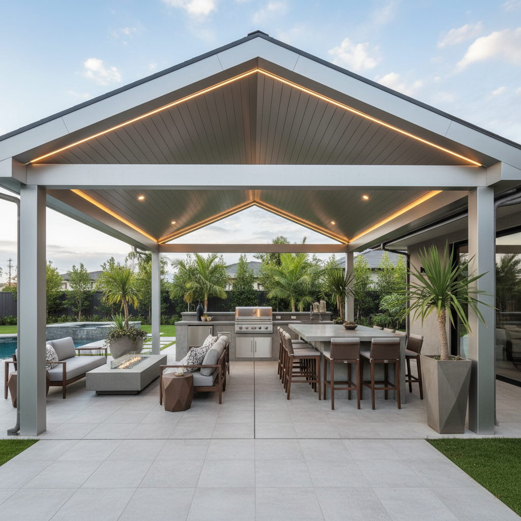 Gable-roof aluminum patio cover with integrated LED lighting over a large patio with outdoor kitchen setup