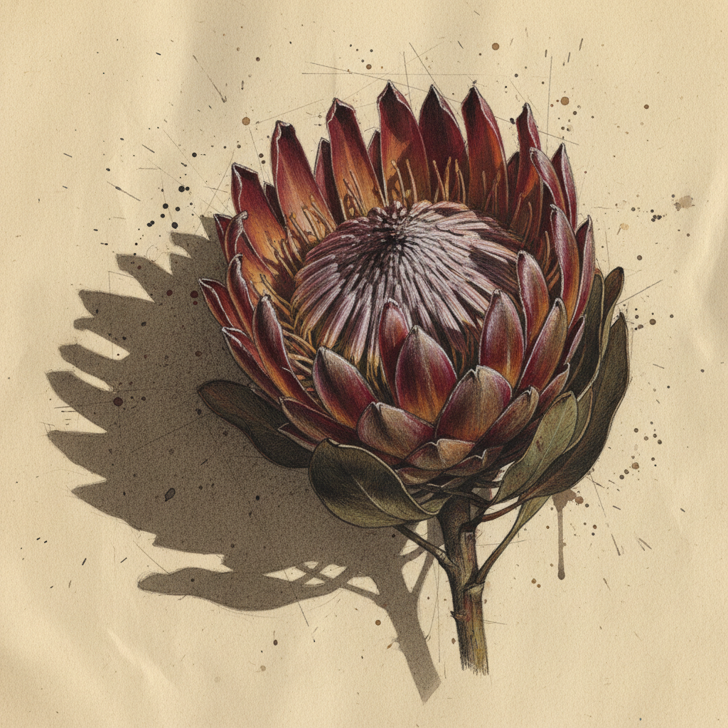 Dramatic botanical study of protea flower with deep shadows on warm cream paper