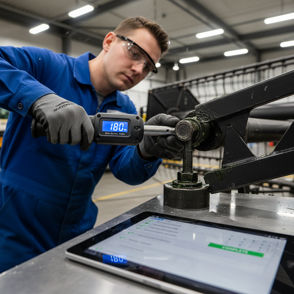Close-up of certified technician using calibrated torque wrench on combine header mounting bolts, digital torque readout visible, QA documentation tablet in foreground showing checkpoint completion
