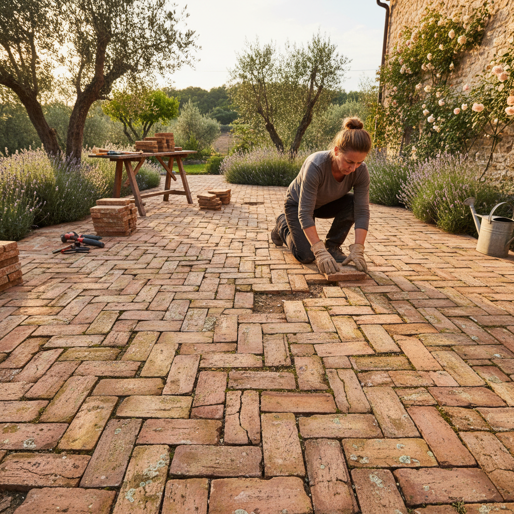 Landscape designer arranging weathered terracotta pavers in a garden courtyard with aged patina