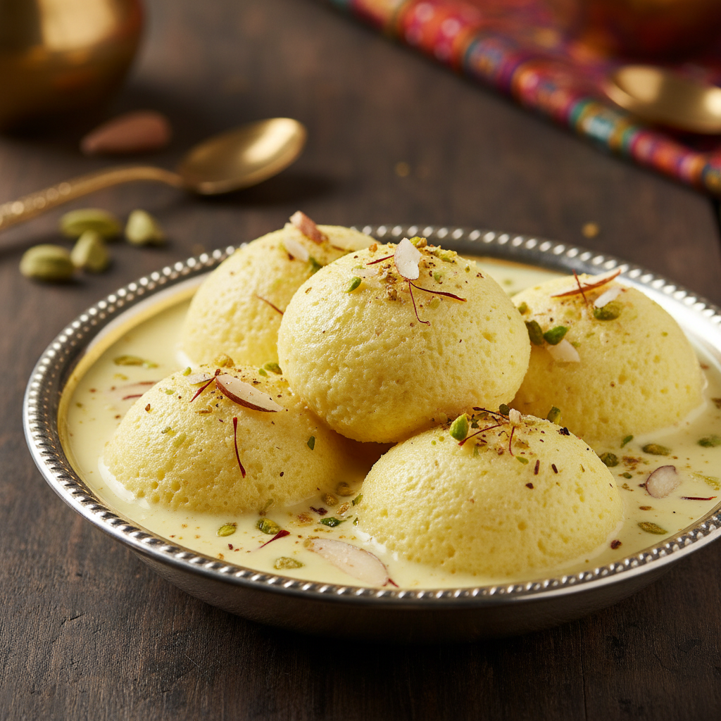 Rasmalai white cottage cheese dumplings in saffron milk with pistachio