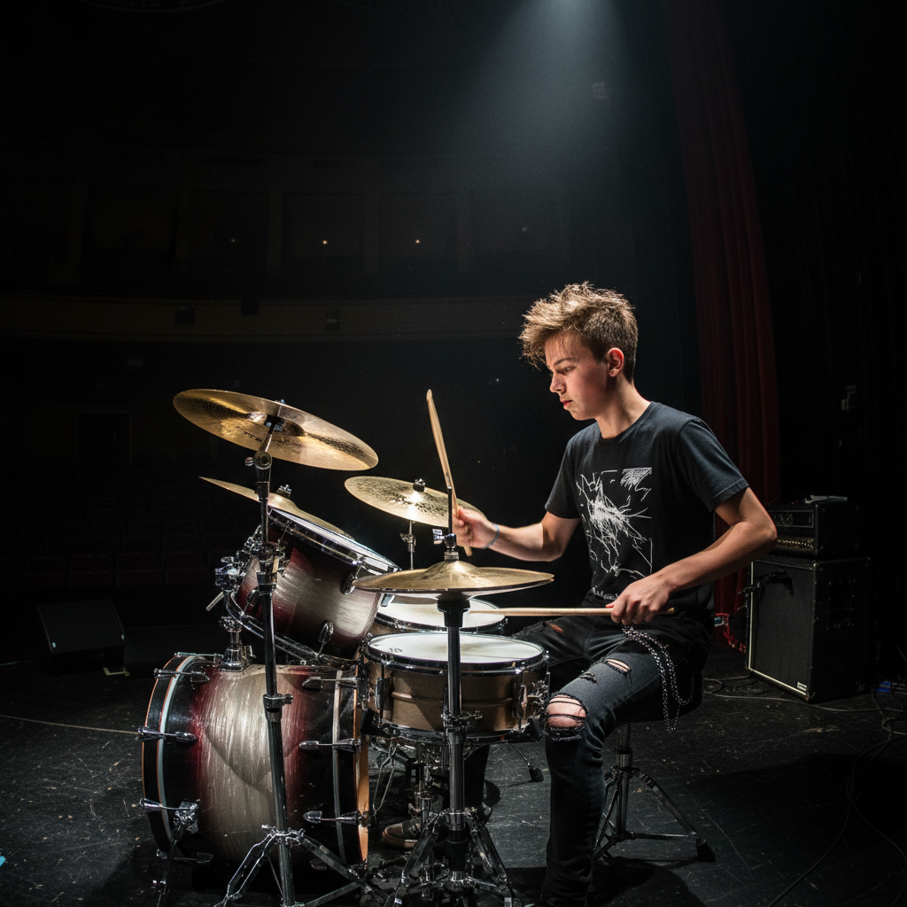 Young drummer on stage under spotlight during recital