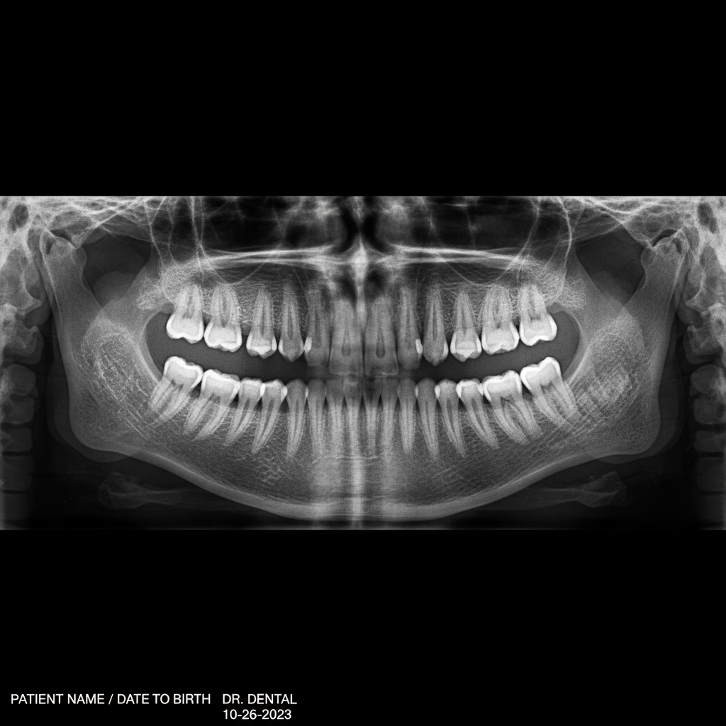 Panoramic dental radiograph showing full mouth X-ray in dark grayscale