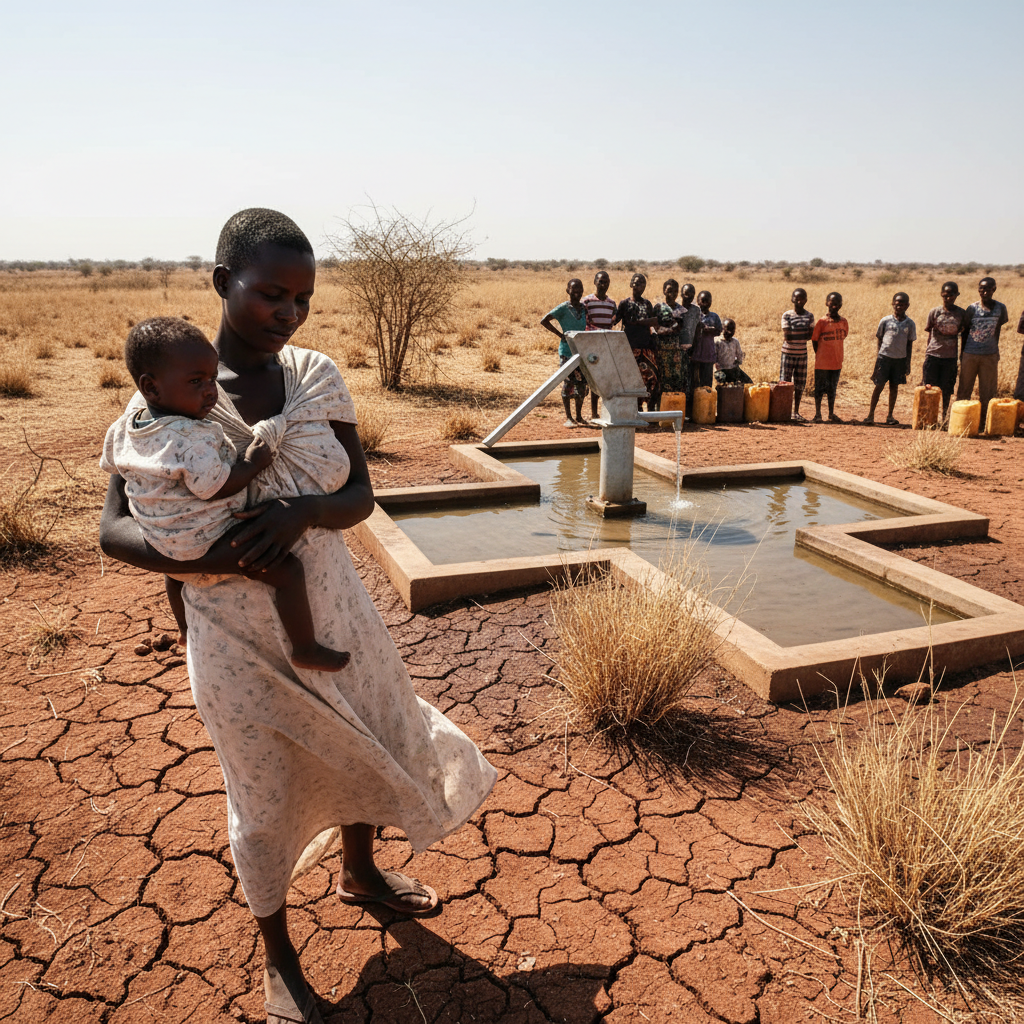 Mother carrying a healthy infant near a new community water point in a dry, sun-baked landscape