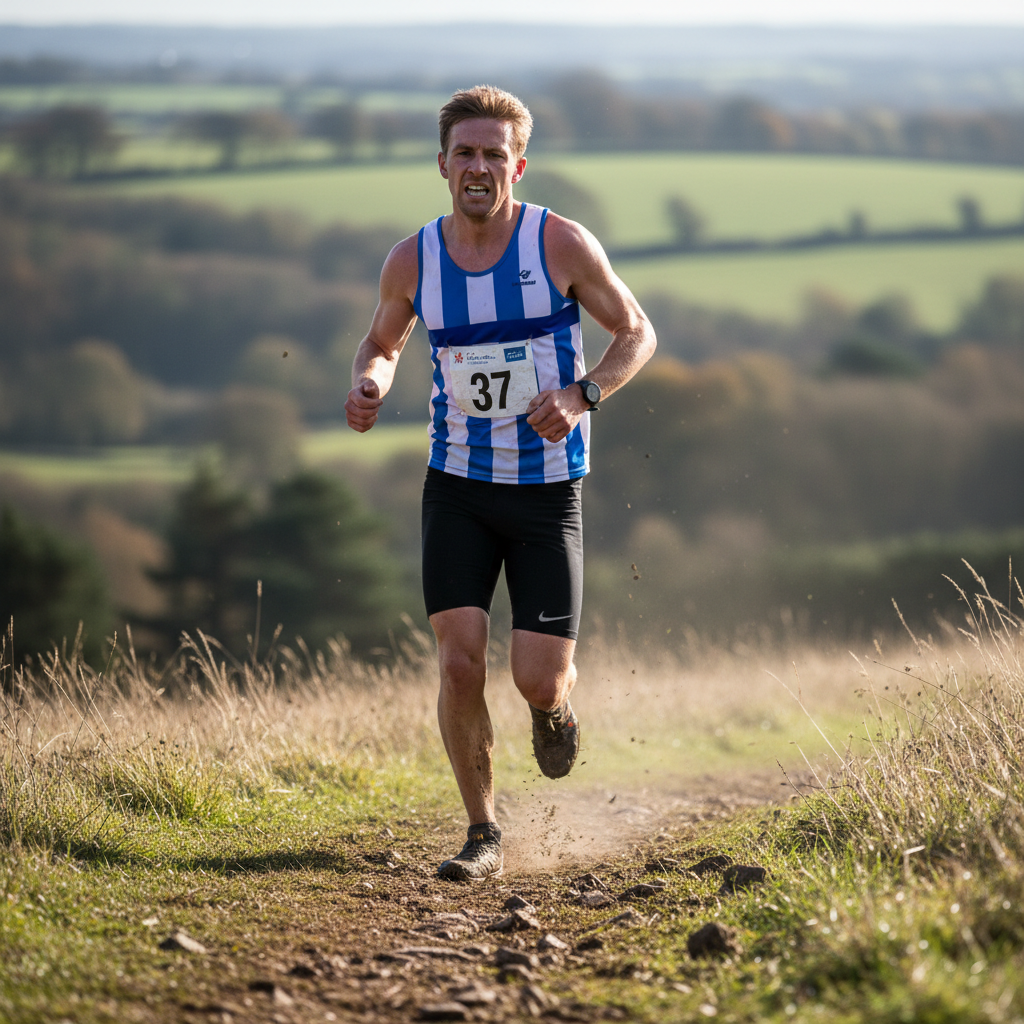 Male club runner in racing vest at cross country event