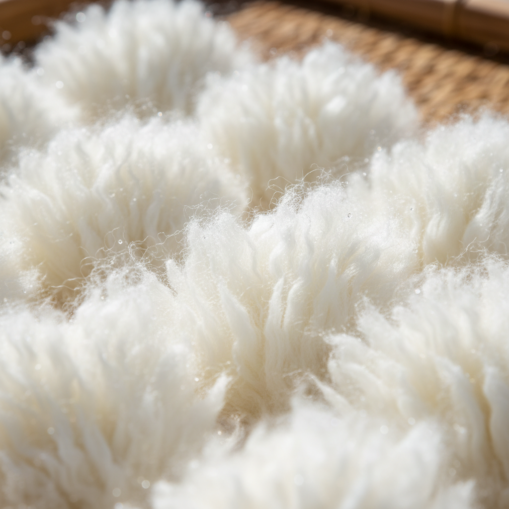 After: macro shot of restored Beni Ourain wool tufts, fully lofted and bright white after 72-hour drying process