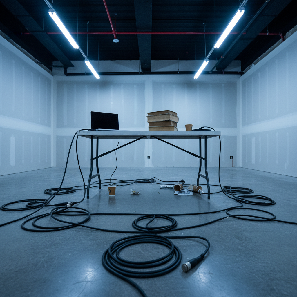 Raw fluorescent-lit conference room with tangled XLR cables, folding table, and laptop balanced on books — before studio transformation