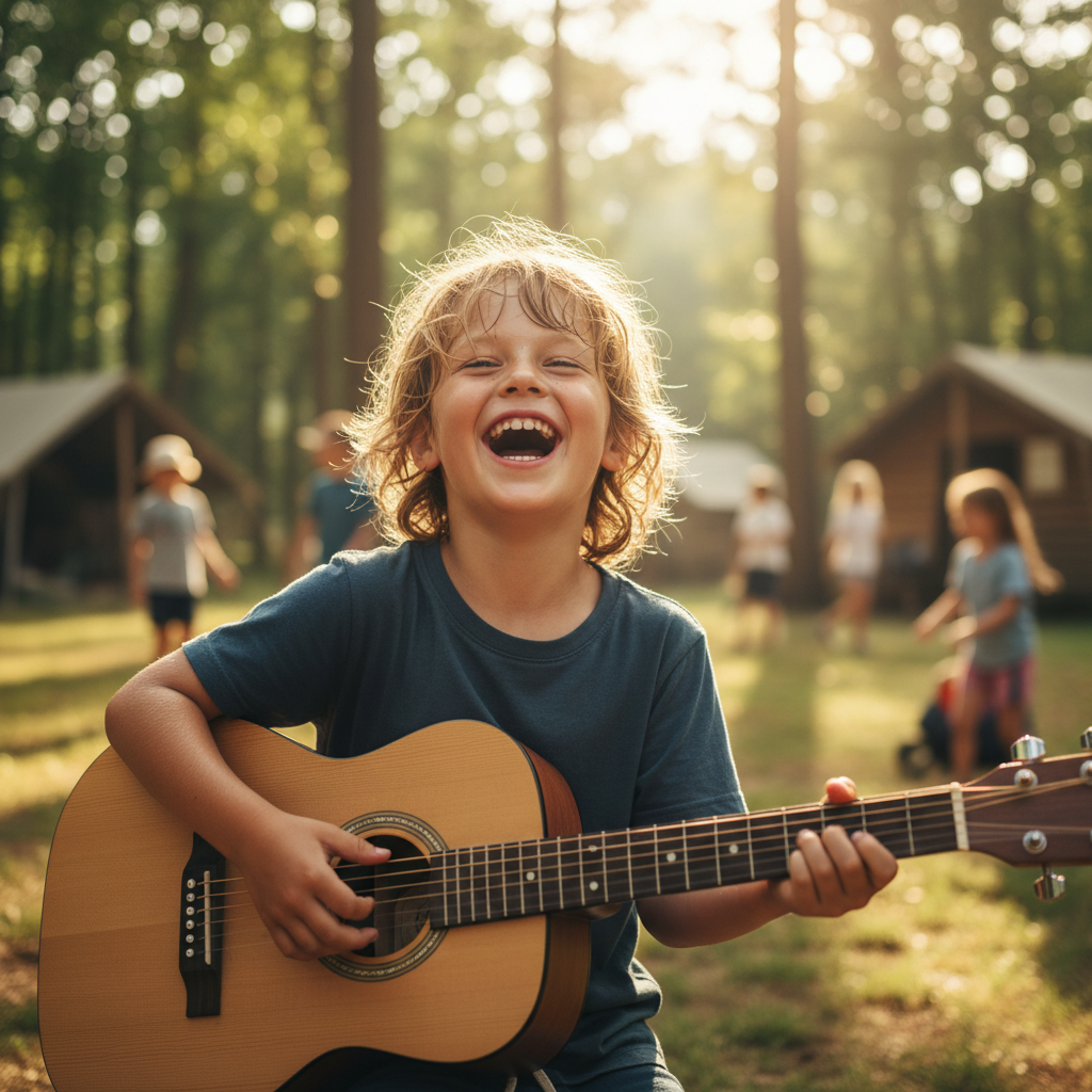 Kid mid-laugh holding a guitar at summer camp