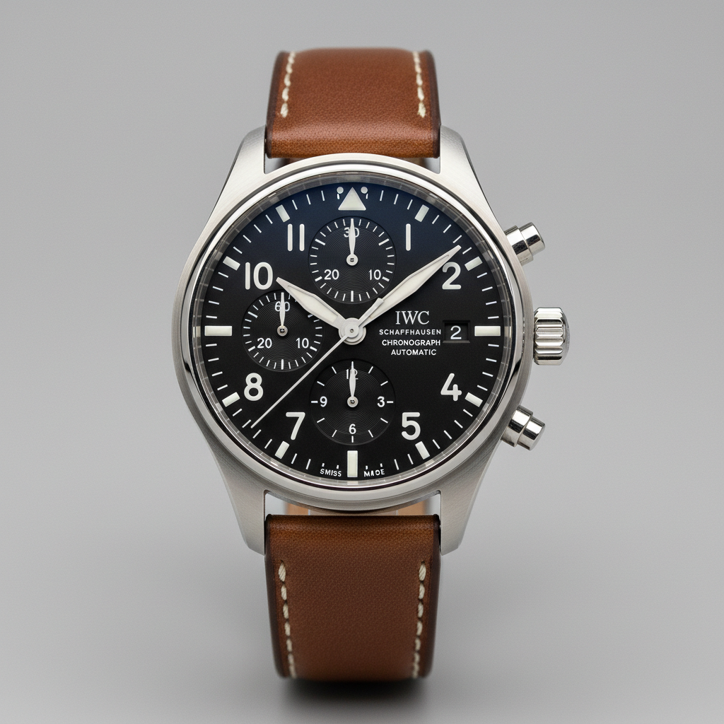 Pilot watch with black dial and luminous markers on dark leather background