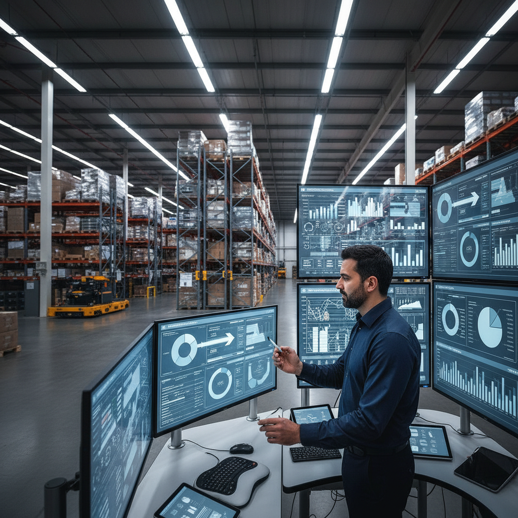 Operations manager reviewing workflow charts and process diagrams in a bright open workspace