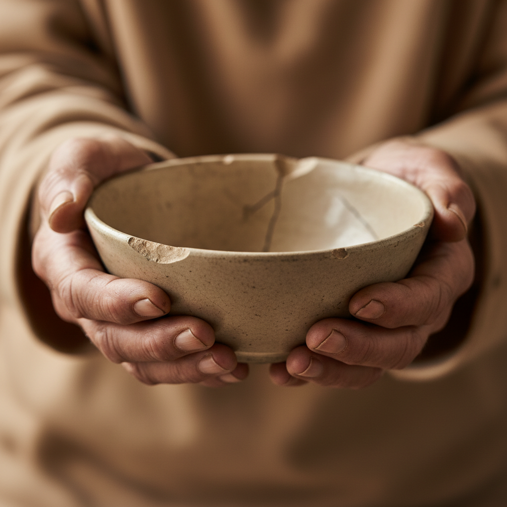 Grandmother's hands cradling a warm ceramic bowl of soup