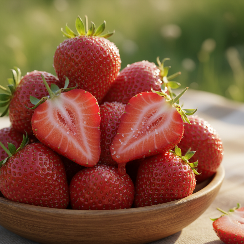 Bright red strawberry jam in a jar with fresh strawberries and basil leaves on a wooden board