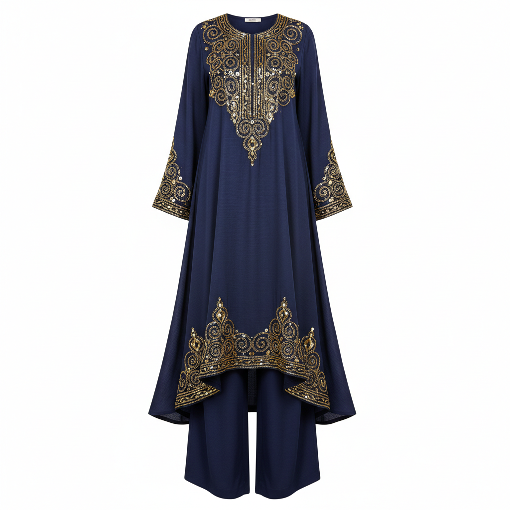 Sophisticated navy blue modest set featuring embellished tunic and matching wide-leg trousers with gold accents