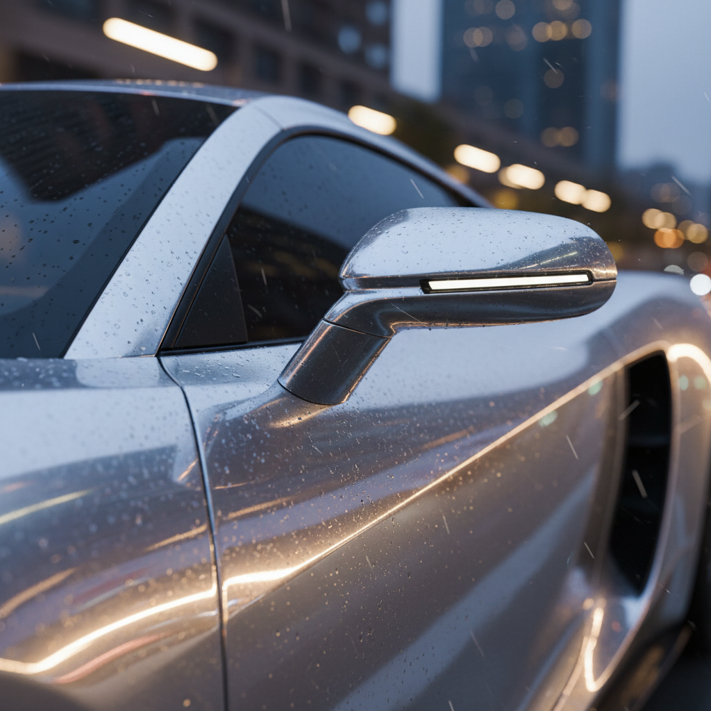 Luxury silver sedan with mirror-like paint reflection after full detail