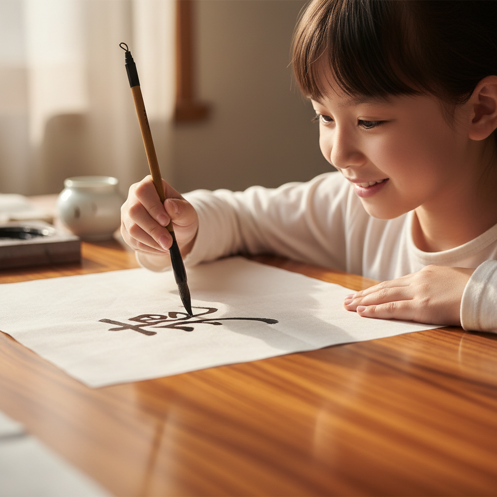 Young girl practicing Mandarin writing with a brush at a wooden desk, smiling with concentration