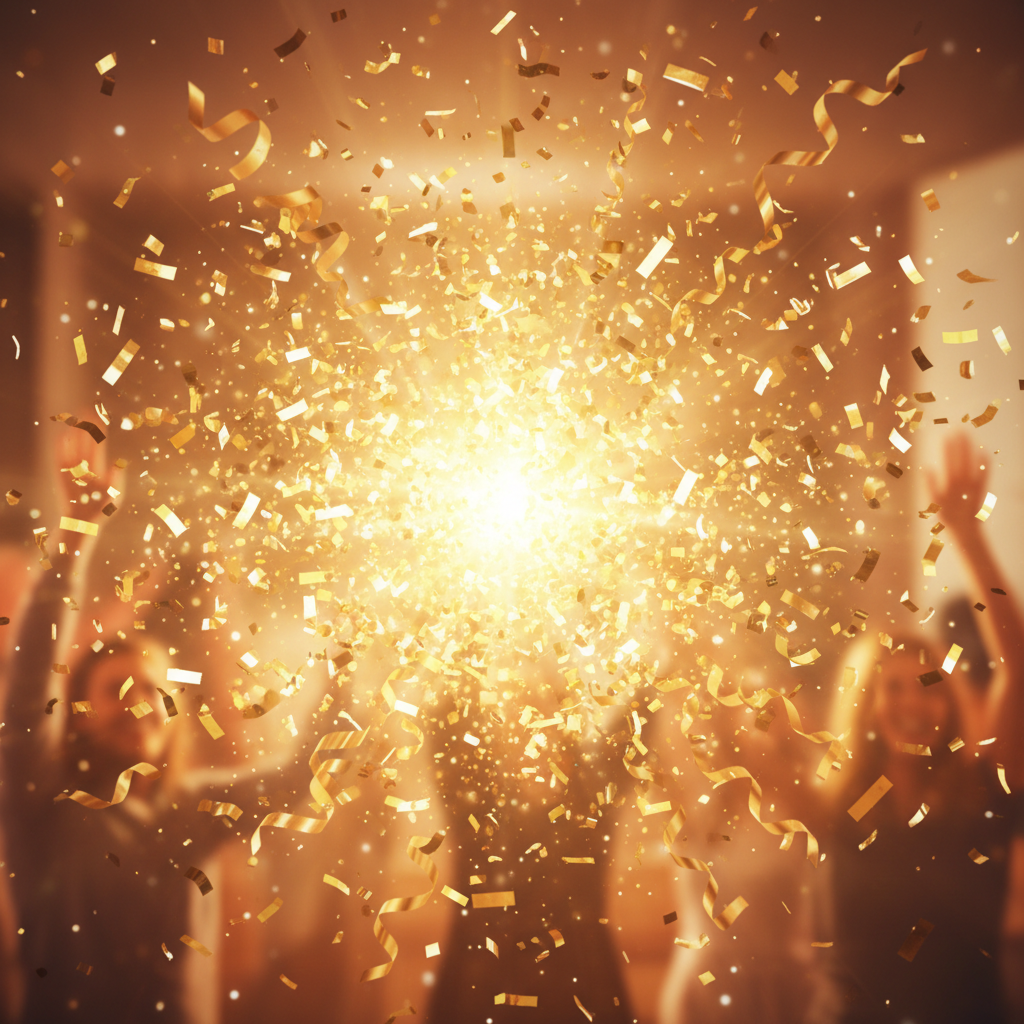 Warm celebration confetti burst with golden light and joy