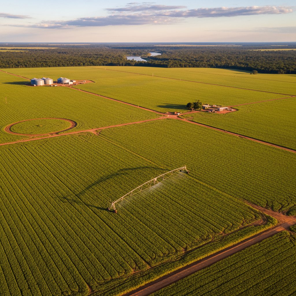 Aerial view of rural Texas land with trees and open fields