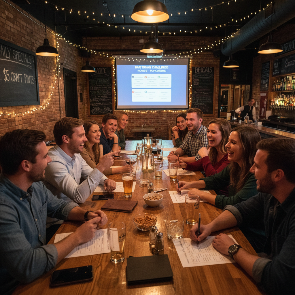 Fun bar trivia night with groups of friends playing games and laughing together