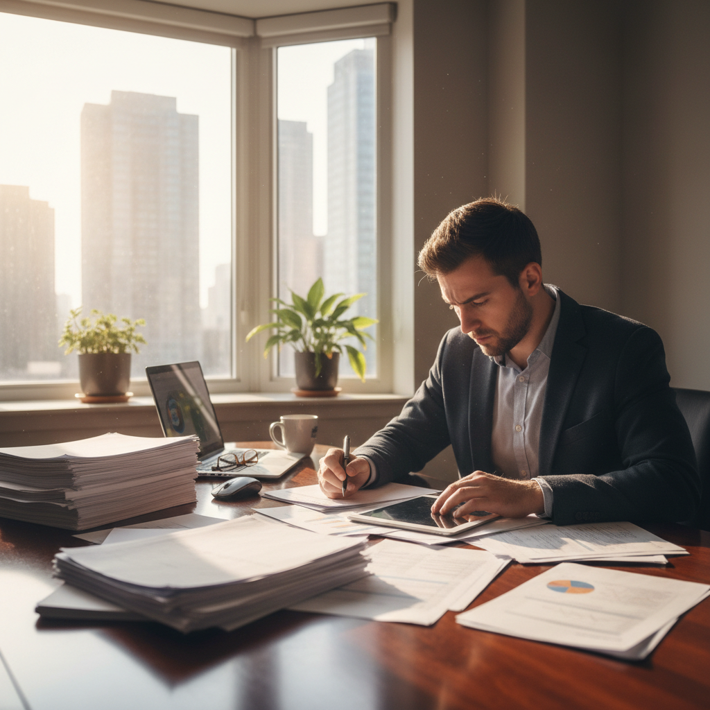 Analyst reviewing private equity reports and financial data at a mahogany desk with natural light