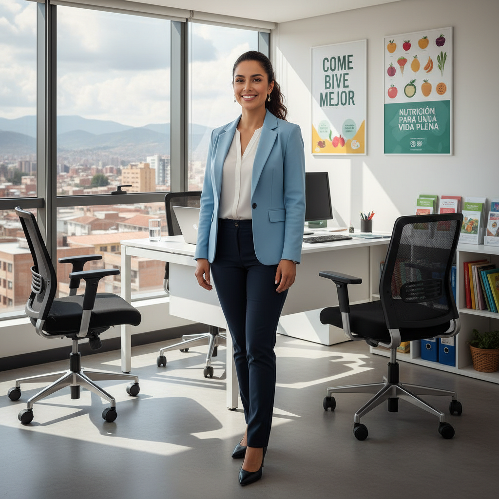 Docteure nutritionniste souriante en blouse blanche sur fond neutre clair