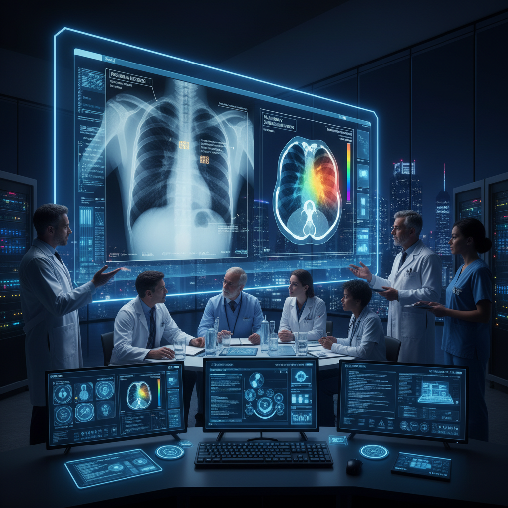 Medical professional analyzing diagnostic imaging on computer screen in dimly lit radiology room