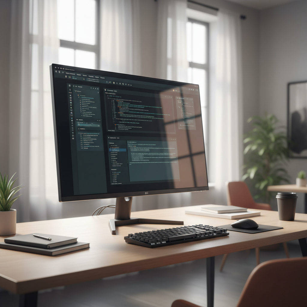 Laptop mở code trên bàn làm việc freelancer