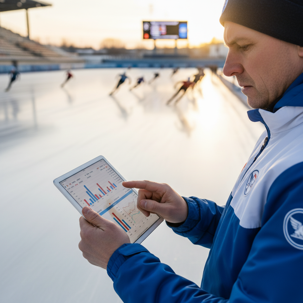 Male coach reviewing training data on tablet near speed skating track