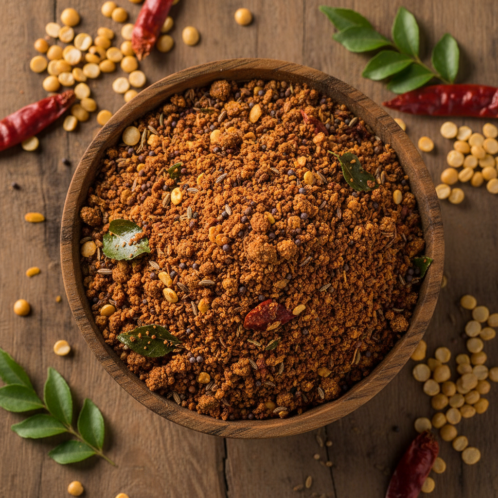 Dark reddish-brown idly karam spice powder in a small bowl with sesame seeds