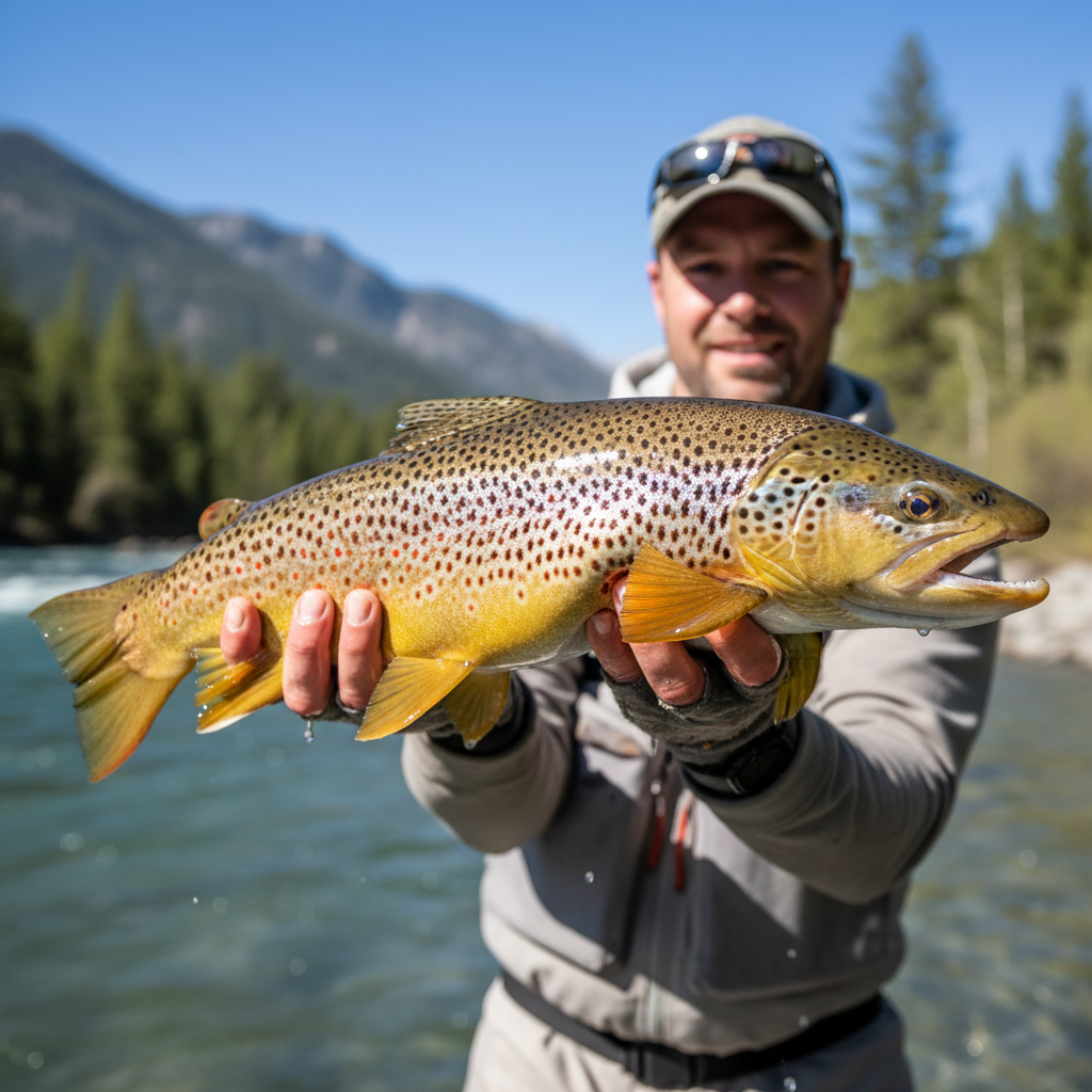 Trophy brown trout being held by guide on the Little Red River in Arkansas