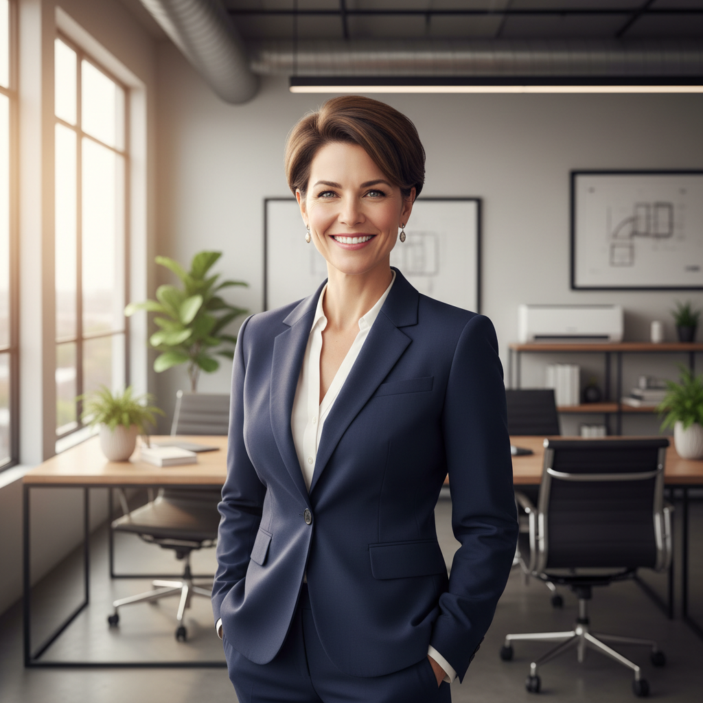 Confident businessman in a navy suit with a warm smile in a modern office environment