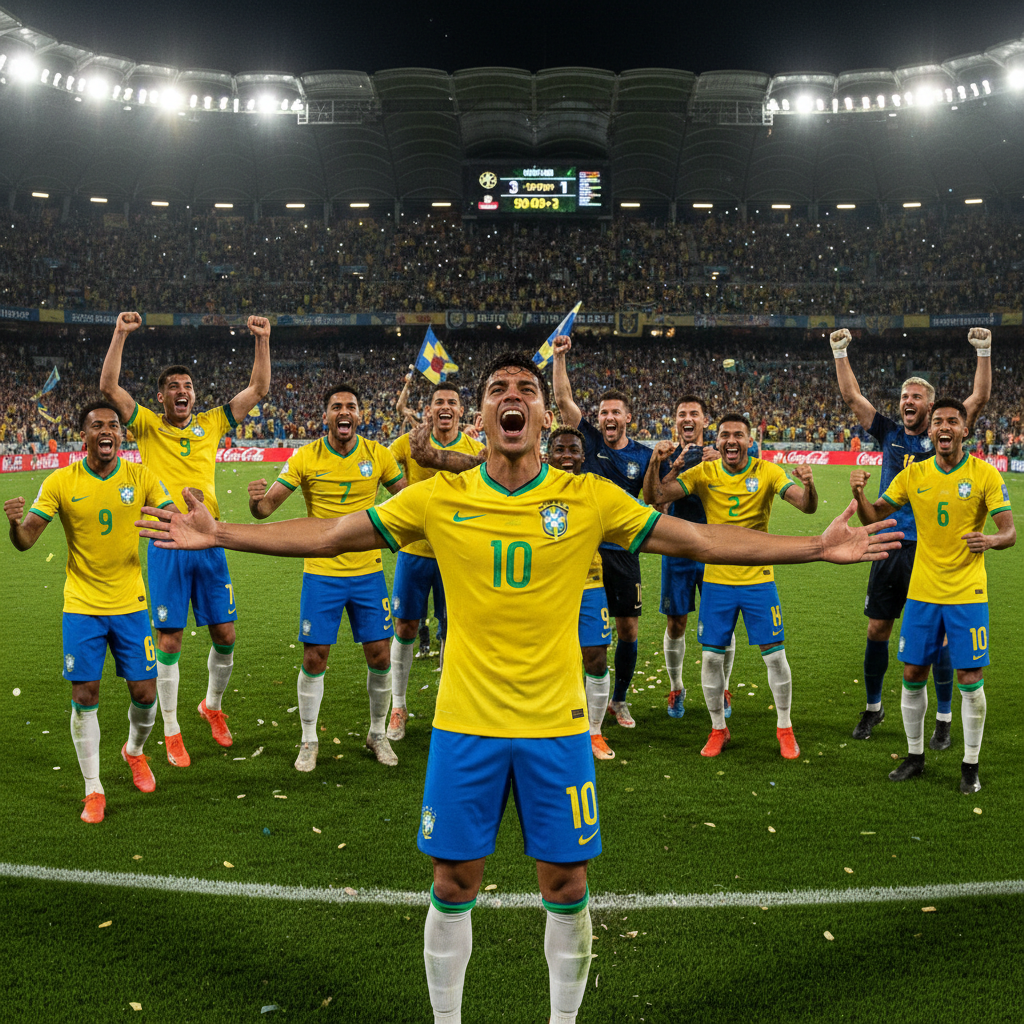 Yellow Brazil national team jersey on dark background with warm atmospheric lighting