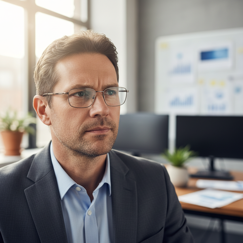 Man with glasses in professional setting, thoughtful expression
