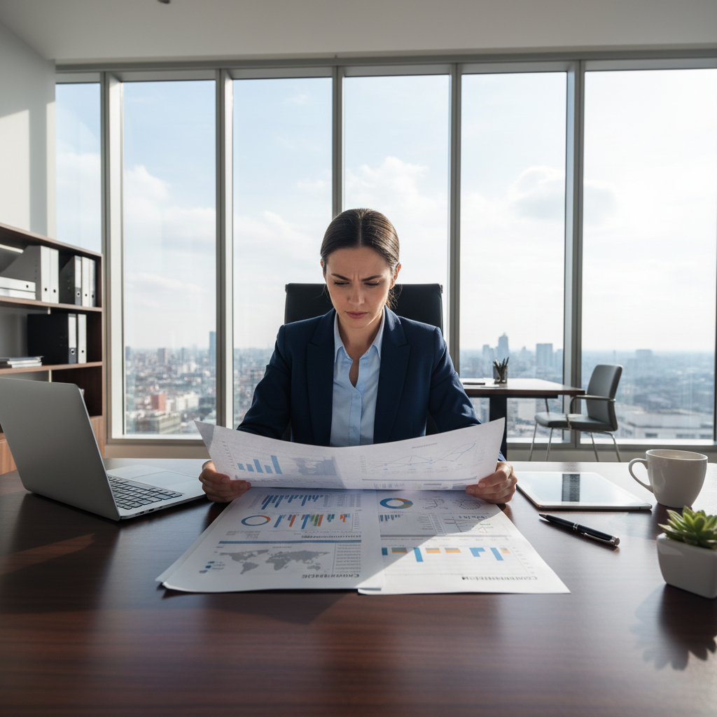 Customs documentation and paperwork on dark desk with dim spotlight lighting, professional logistics office atmosphere, deep shadows
