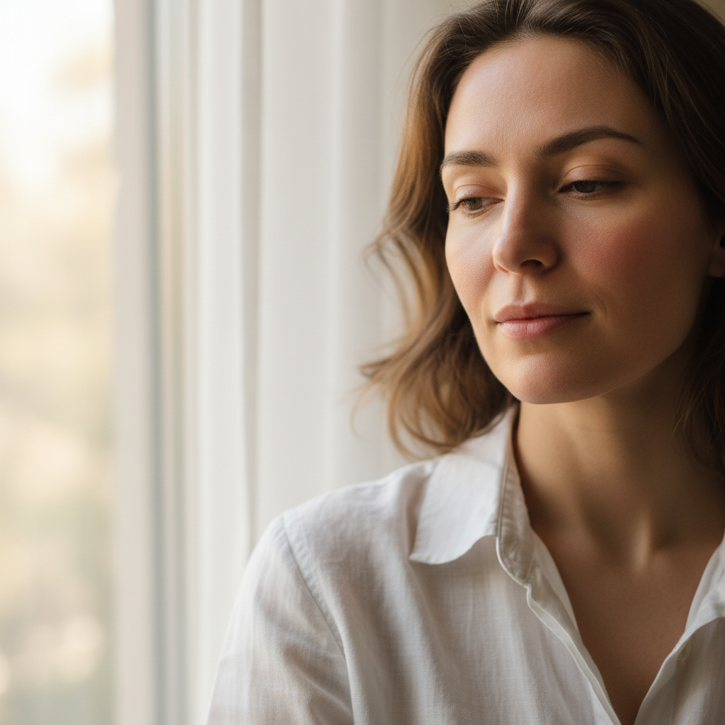 Close portrait of woman with natural skin, slight redness fading, day seven recovery