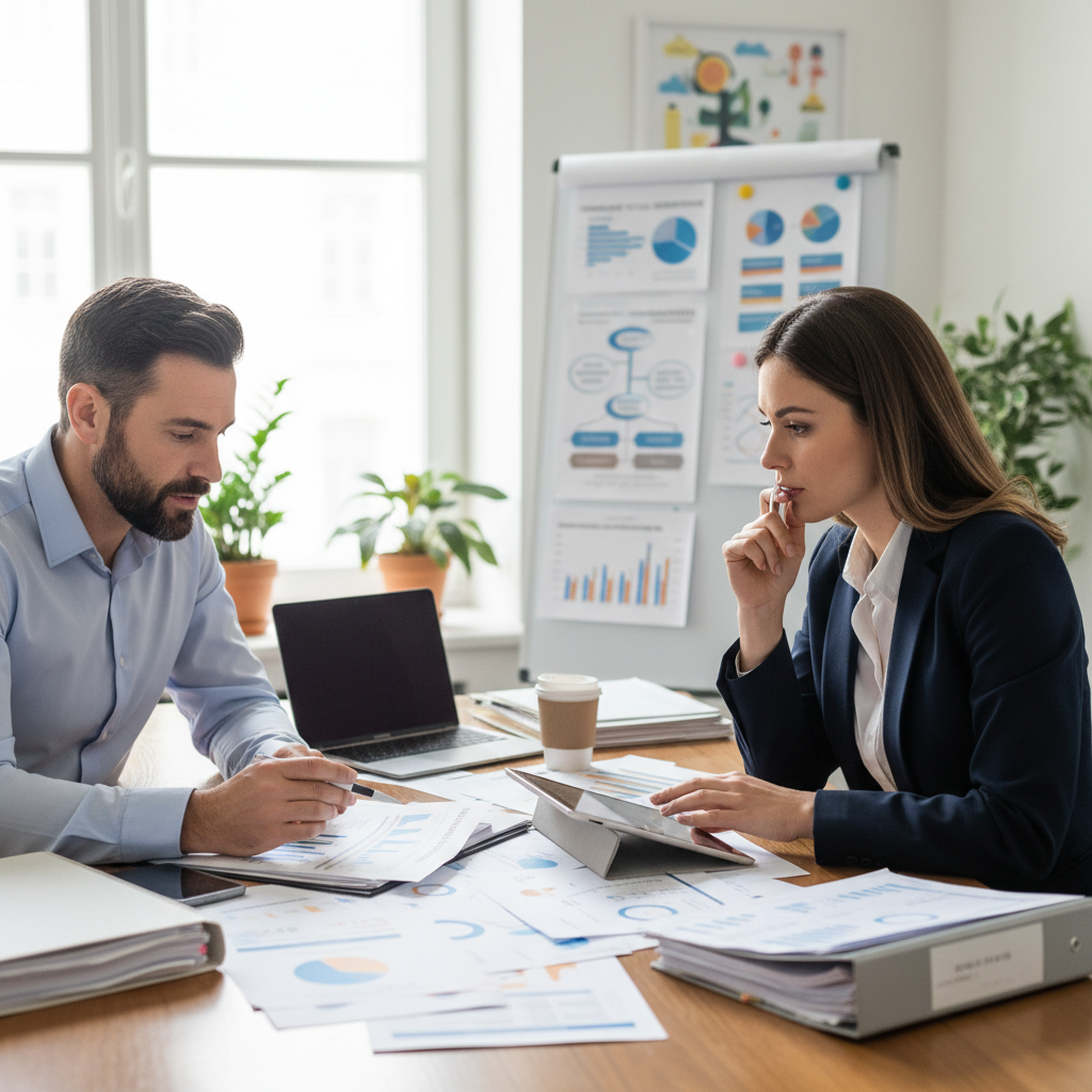 Business professional reviewing financial documents at desk