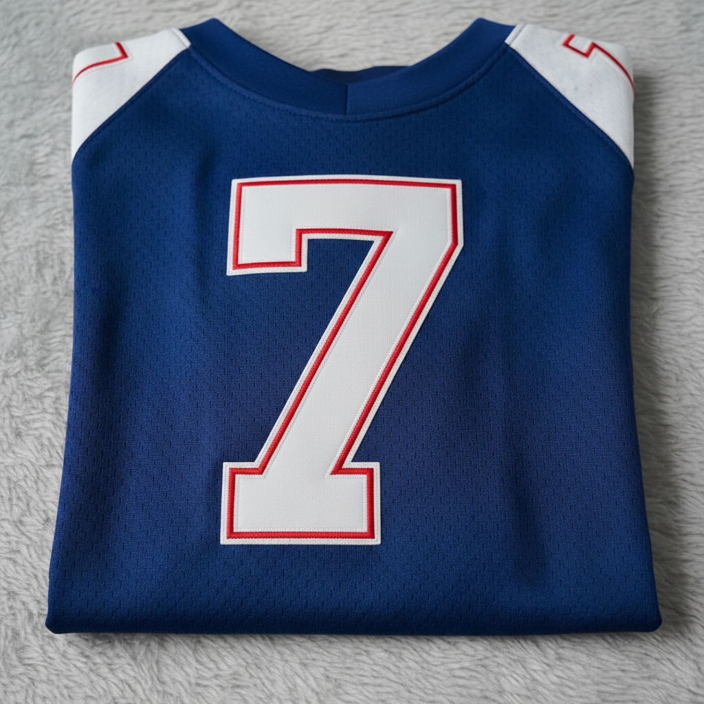 Camisa de futebol com número personalizado dobrada sobre superfície, detalhes em close