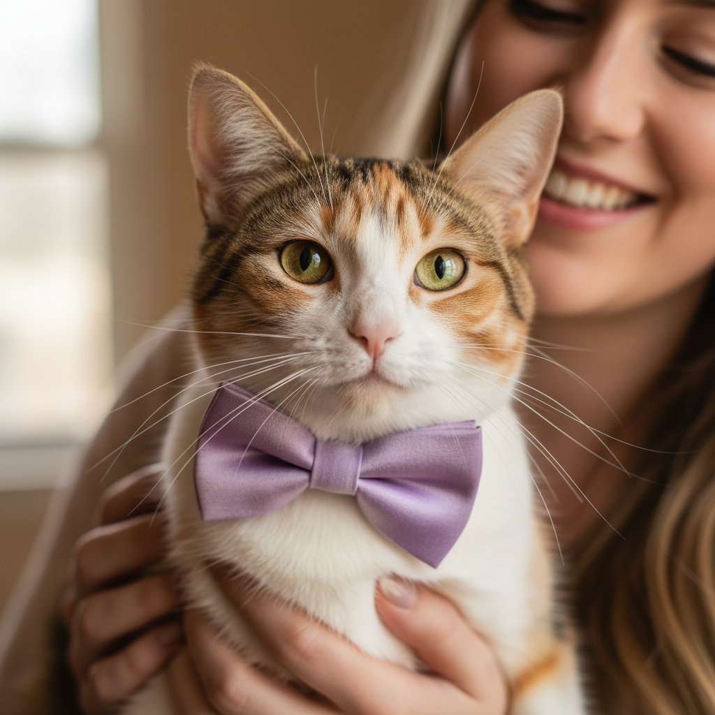 Calico cat Peaches wearing a lavender bow tie, being held by a smiling woman