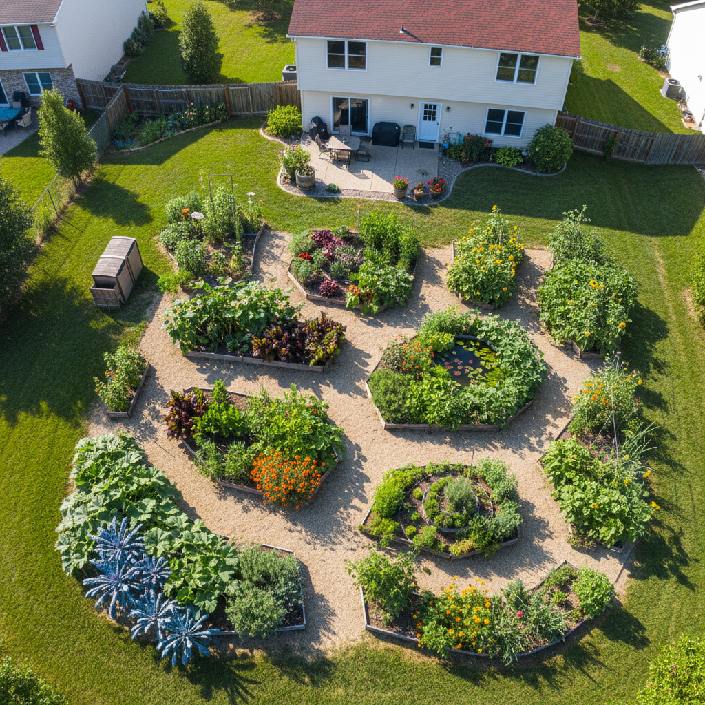 Aerial view of a suburban backyard garden with varied planting zones and seasonal crops