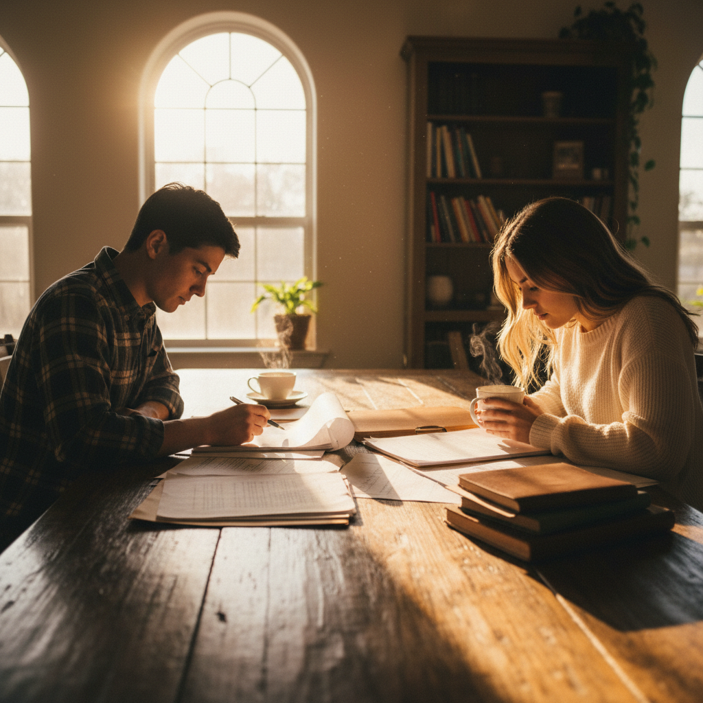 South African family seated together reviewing traditional marriage documents, warm afternoon light, natural setting