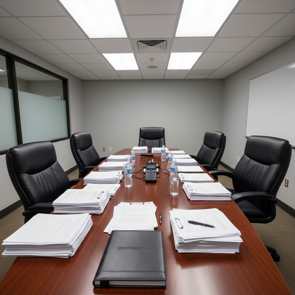 Legal deposition room with documents and legal notepad
