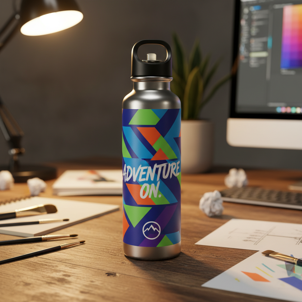 Custom printed bold-design water bottle sitting on a creative workspace desk next to laptop and notebooks