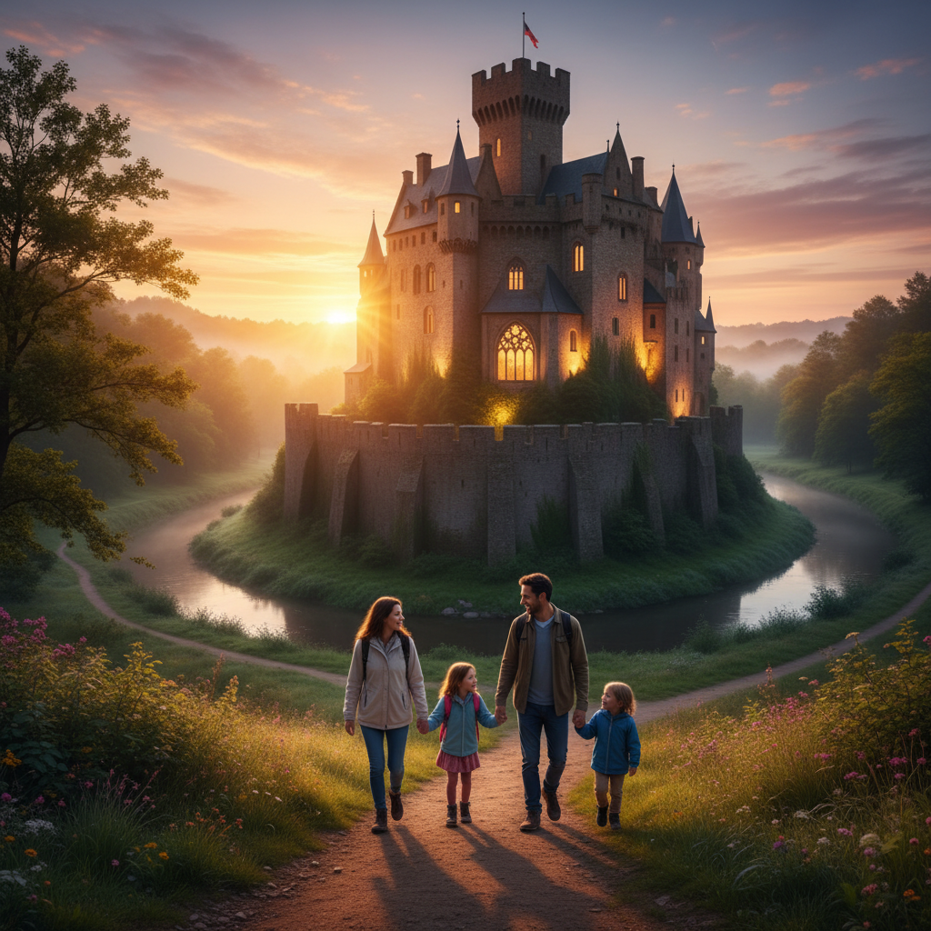 Famille arrivant devant un château illuminé au lever du soleil