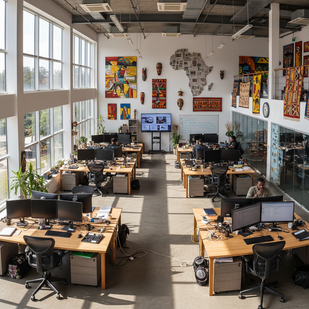 Well-lit South African office interior, bright open workspace, professional staff assisting customers, warm natural light through windows