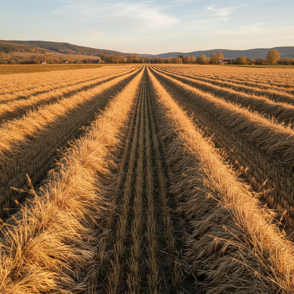 Close-up of lush green agricultural crop rows in golden sunlight, organic farming, healthy plant growth